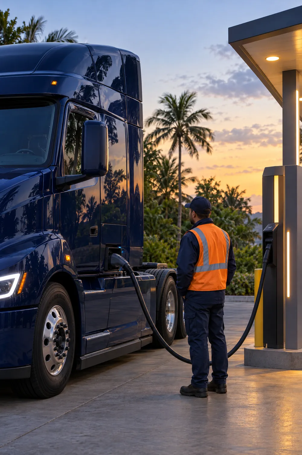 A SAUHLINE electric truck charging at dusk while the driver checks the charger