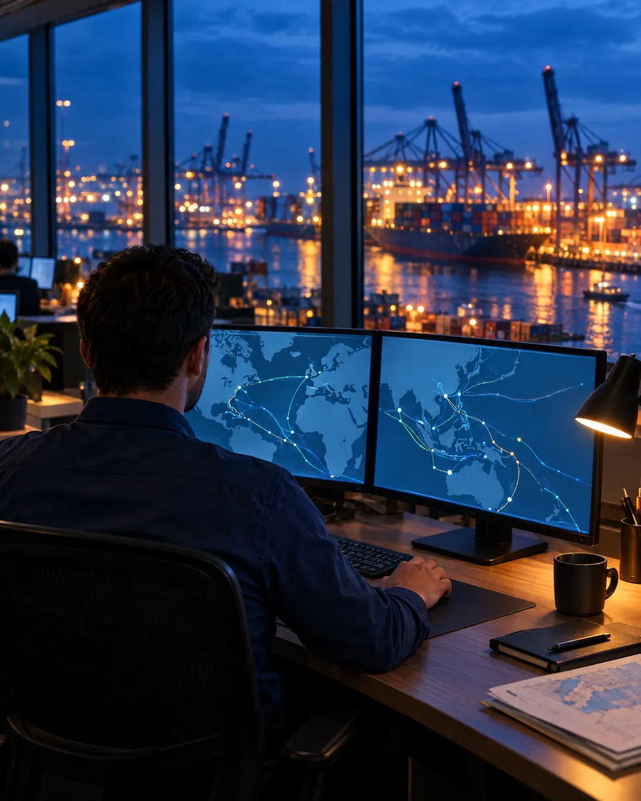 A coordinator tracking routes on two screens, the port lit up outside the window