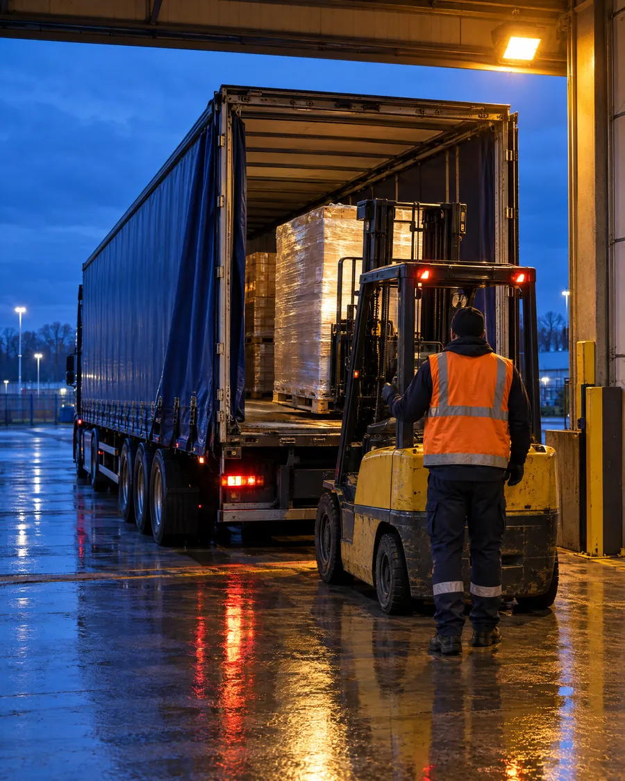 A forklift loading a pallet into a navy trailer at a lit loading dock