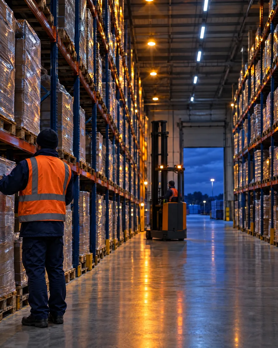 Two SAUHLINE staff checking pallets in the bonded warehouse at night